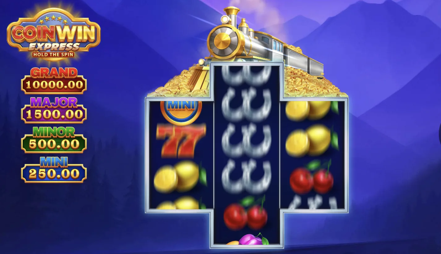 Coin Win Express mänguväli Mini, Minor, Major ja Grand jackpoti siltidega ning Mini jackpotimündiga rullil